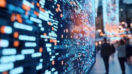 Holographic emergency communication projecting news and safety instructions in a public square, real-time alerts, crisis management. 