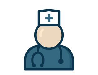 Flat, minimalistic icon of a healthcare professional wearing a hat with a red cross and a stethoscope around the neck. Symbolizing healthcare, doctor or nurse.