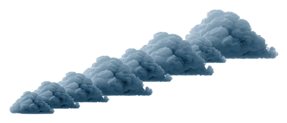 Set of cascading cloud silhouettes in charcoal gradient with flat bases, isolated on transparent background.
