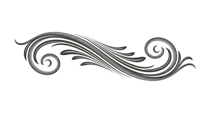 Elegant swirling ornament with flowing lines and curled ends, presented in a grayscale gradient on a clean white background.
