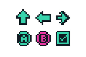 Colorful pixel art directional arrows and buttons set on a white background featuring classic retro gaming design