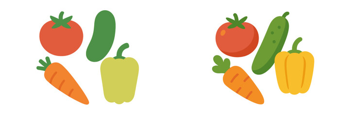 Fresh vegetables including tomatoes, cucumbers, carrots, and bell peppers arranged on a white background