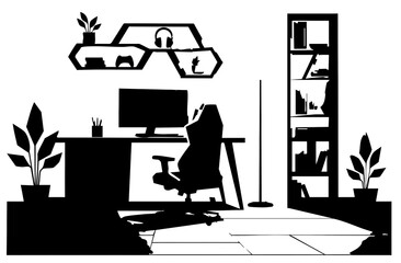 Modern Gaming Workspace Vector Design. This minimalist black-and-white vector illustration depicts a sleek and organized gaming or work setup.