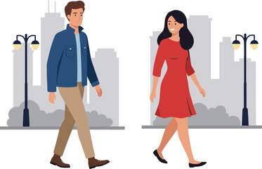 Urban lifestyle illustration, city walking scene, casual fashion, street style, outdoor activity, modern people, city background, pedestrian, trendy outfit, social interaction