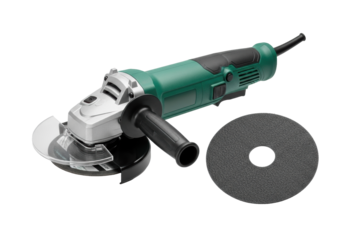Vibrant green angle grinder, clear guard, ergonomic handle, dark cutting disc. Pristine replacement disc. transparent background, diffused studio light. Concept for premium tool catalog
