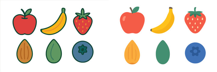 Colorful collection of fruits and nuts featuring apples, bananas, strawberries, and more on a white background