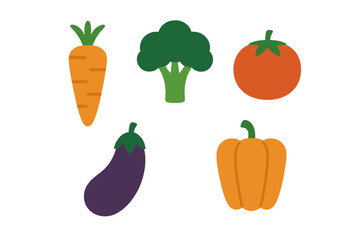 Colorful assortment of fresh vegetables including carrot, broccoli, tomato, eggplant, and bell pepper set on a white background
