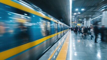 Fototapeta premium Motion blur of subway train arriving at busy underground station, people commuting in urban environment, dynamic city life and public transportation concept for fast-paced metropolitan visuals.