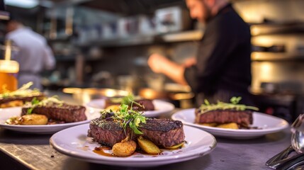 The exquisite steak dish perfectly plated in a professional kitchen setting.