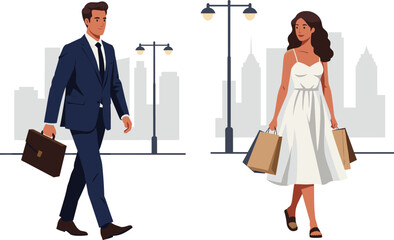 Urban lifestyle, city walking, business man, shopping woman, street fashion, modern people, cityscape background, professional attire, casual outfit, daily routine