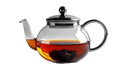 Transparent glass teapot filled with amber-colored tea and visible tea leaves