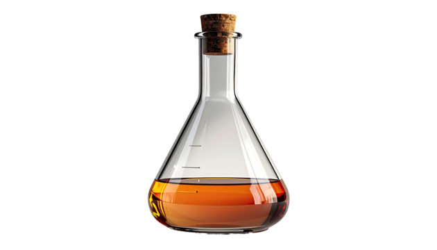 Clear glass flask filled with amber liquid, cork stopper