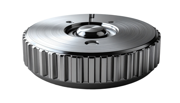 Close-up of a metallic circular component.  A precise machined part