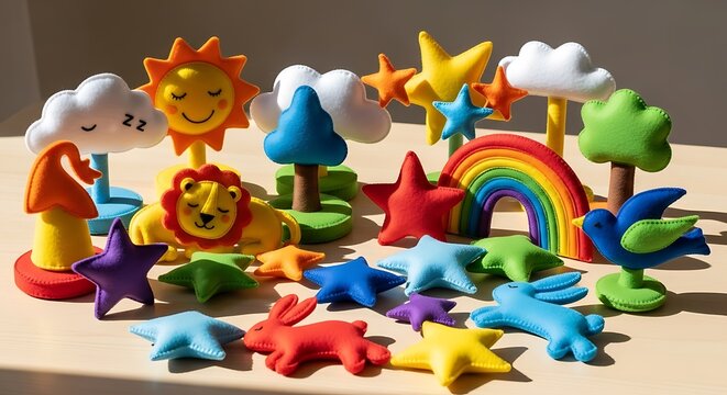 Colorful whimsical clay art figures and shapes on display. - Powered by Adobe