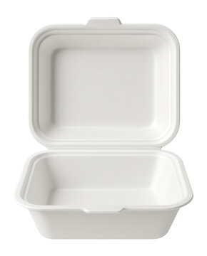 Opened white styrofoam container on a white background.