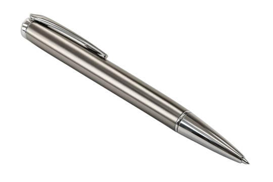 Modern titanium-finish pen with diagonal orientation and elegant design, isolated on transparent background.
