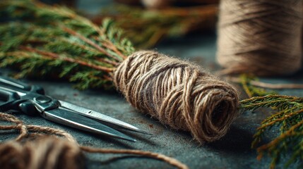 Engage in rustic holiday crafting with twine, evergreen, and scissors on textured surfaces, perfect for creating DIY seasonal decor that adds a warm, festive touch to your home during the holiday