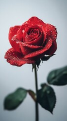 CloseUp Red Rose with Water Droplets on Petals and Stem on Grey Background