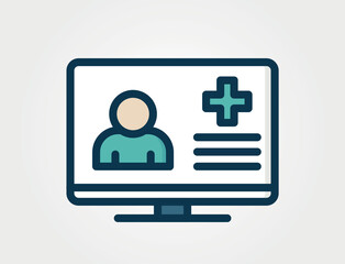 Digital patient record or online health portal. Illustrated icon of a computer monitor displaying a user profile with a medical symbol and text lines.