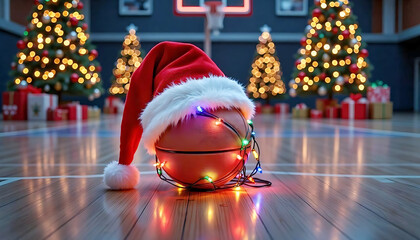 Festive Christmas scene showcasing a basketball ball wearing Santa hat wrapped by Christmas string light resting on an indoor basketball court adorned with Christmas trees and ornaments