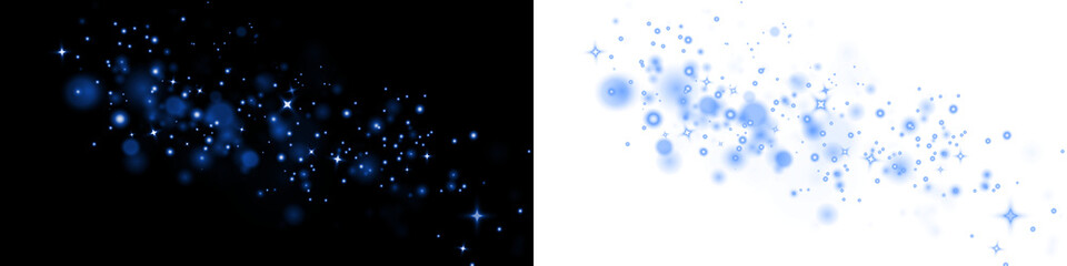 Blue bokeh overlay with sparkling light effects on contrasting black and white backgrounds,...