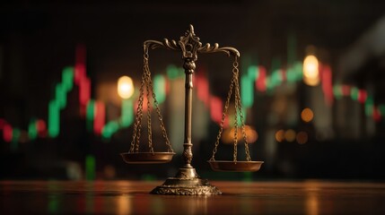 The Scales of Justice Displayed with Financial Charts in Background