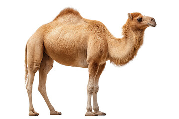 Standing dromedary camel with soft shading under belly, isolated on transparent background.
