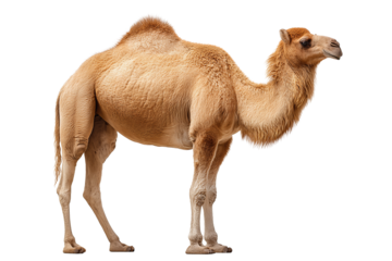 Standing dromedary camel with soft shading under belly, isolated on transparent background.
