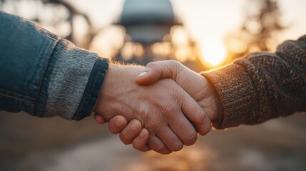 Two Hands Shaking in a Gentle Sunset Background Symbolizing Partnership