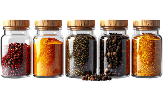 Clear glass spice jars filled with various spices