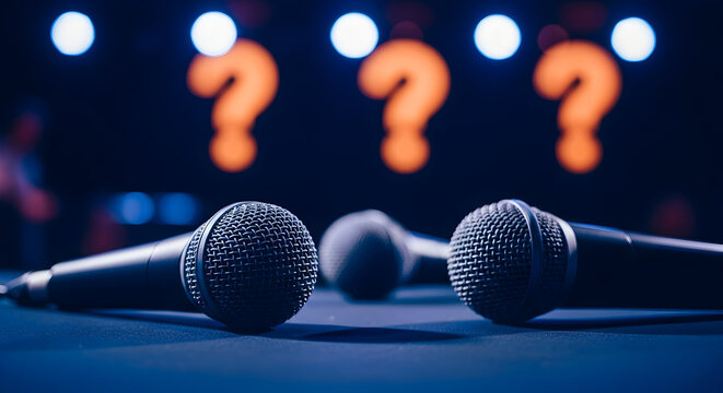 Unanswered Questions Press Conference Microphones QandA Mystery Interview Journalism Debate Spotlight Conference Media Event Public Speaking Quiz Show
