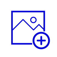 Blue Line Art Icon of Landscape with Sun and Plus Symbol.