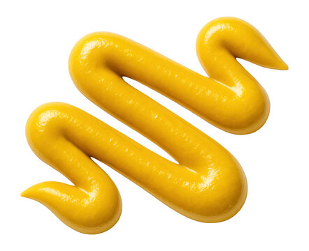 Yellow mustard in a zigzag pattern on a white background.