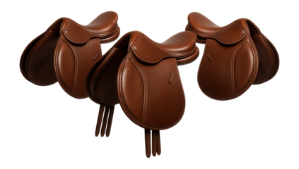 Group of brown horse saddles on white background.