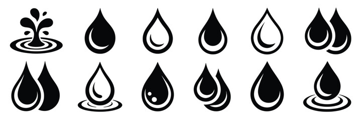 Fototapeta premium Water Drop Icon Collection, Flat Minimalist Droplet Symbols for Environment, Clean Water, Plumbing, Spa, Sustainable Design, Eco-Friendly Projects, Logos, Infographics, and Graphic Design