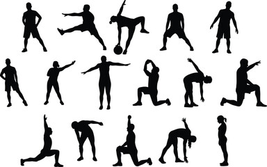 Exercise silhouette illustration, athletic poses, stretching, squats, lunges, jumping, balance, sports motion, minimal design, white background, body movement