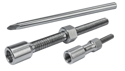 Three metallic components, likely industrial fasteners or rods