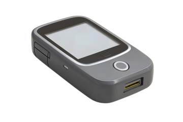 Compact blood glucose meter with matte slate casing and blank display, isolated on transparent background.
