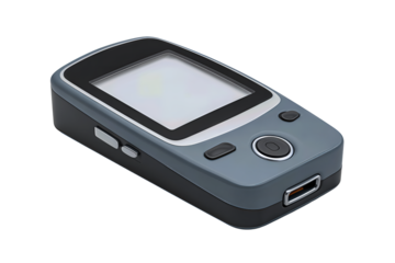 Medical glucose monitor featuring circular button and side lancing port, isolated on transparent background.