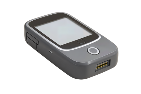 Compact blood glucose meter with matte slate casing and blank display, isolated on transparent background.
