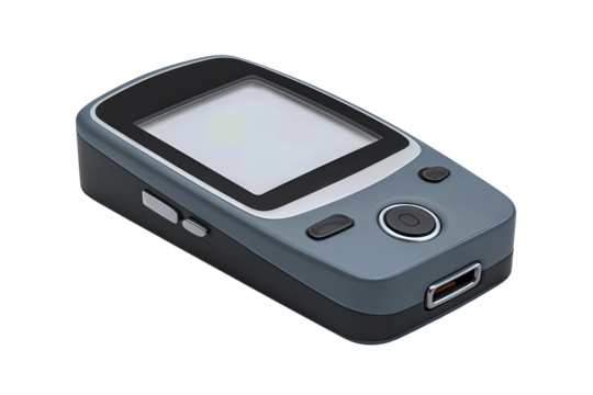 Medical glucose monitor featuring circular button and side lancing port, isolated on transparent background.