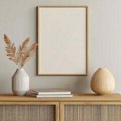 Contemporary living room interior featuring blank mock-up poster frame, soft lighting, and elegant decor , empty room with a picture frame