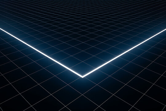Futuristic neon grid perspective with glowing blue lines creating a dynamic digital landscape
