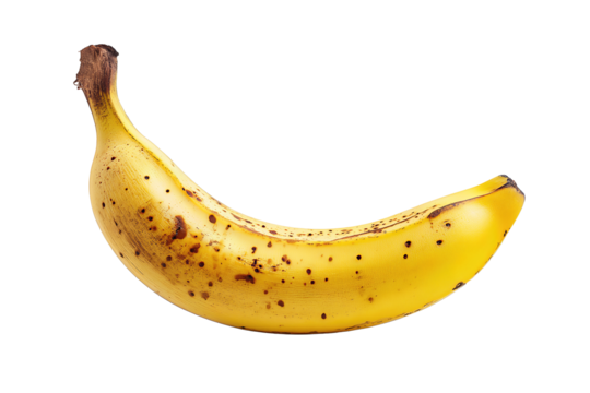 Curved ripe banana segment with matte yellow peel and a few brown freckles, oriented arch opening downward, stem trimmed clean, isolated on transparent white background, no shadow or reflection, no te