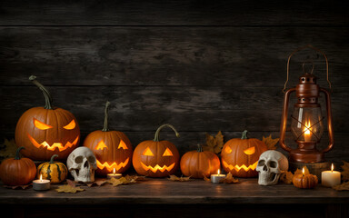 Halloween background with pumpkins, carved jack o lanterns, skulls and candles glowing in dark rustic setting  with copy space