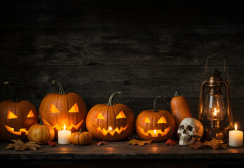 Halloween background with pumpkins, carved jack o lanterns, skulls and candles glowing in dark rustic setting  with copy space