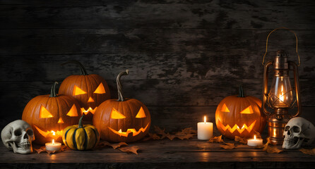 Halloween background with pumpkins, carved jack o lanterns, skulls and candles glowing in dark rustic setting  with copy space
