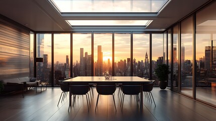 Modern dining area with glass wall facing city skyline