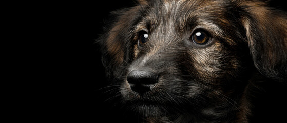 Close up of a wet dog's face on a black background