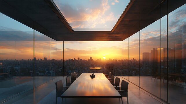 Modern dining area with glass wall facing city skyline and rectangular skylight above table - Powered by Adobe